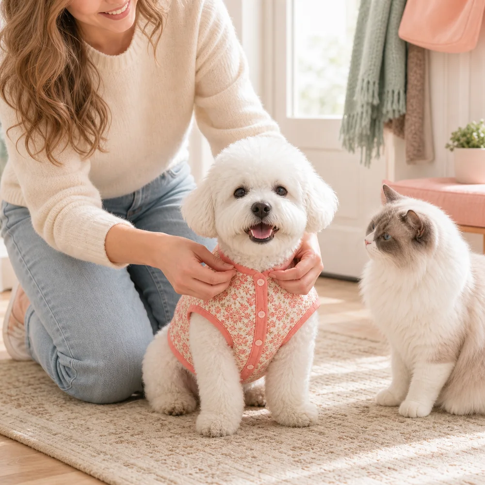 Cute pets wearing comfortable colorful clothing
