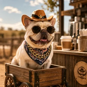 Cowboy Chic brown dog accessory set with cowboy hat, sunglasses, bandana and chain