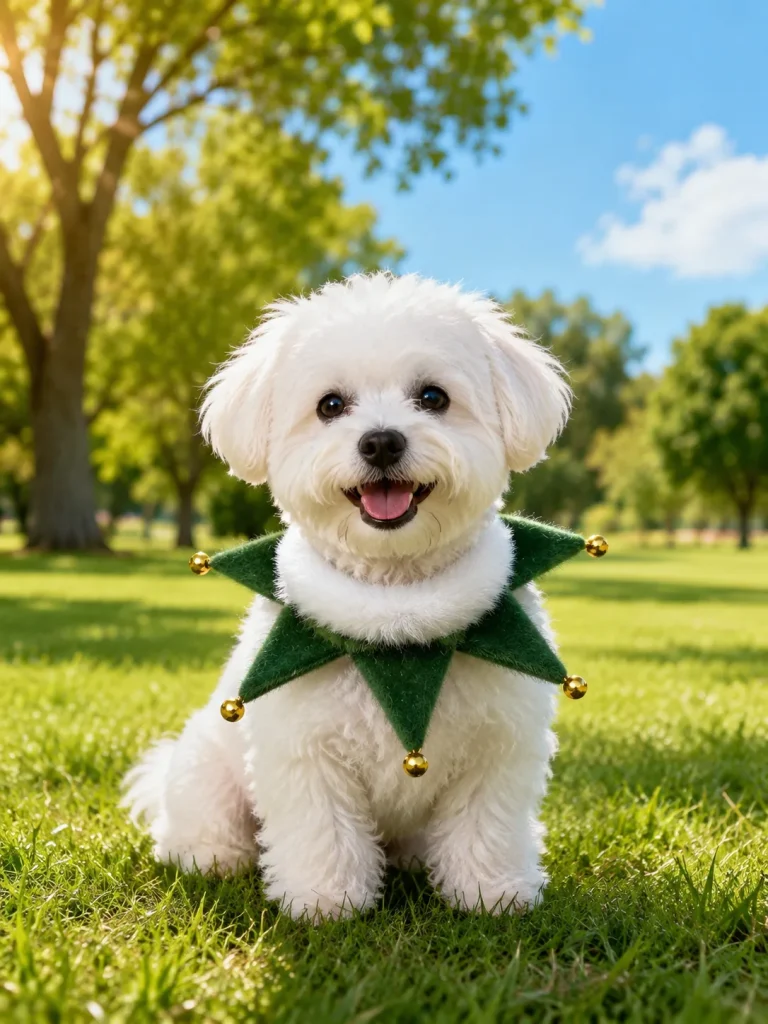 Small white dog wearing a festive green star jingle bell pet collar