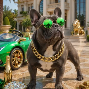 French bulldog wearing green round sunglasses and a gold chain accessory set