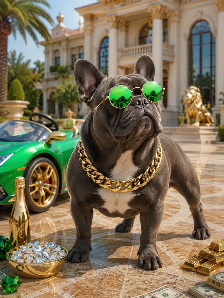 French bulldog wearing green round sunglasses and a gold chain accessory set