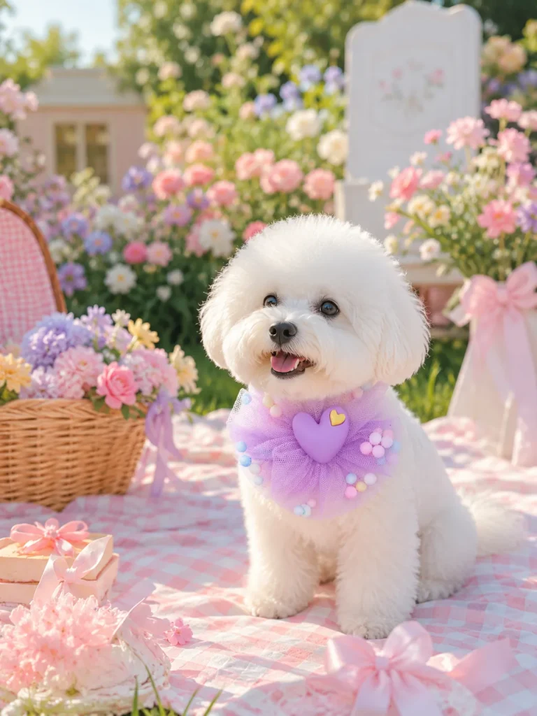 Small white dog wearing a lavender heart mesh flower bow tie collar