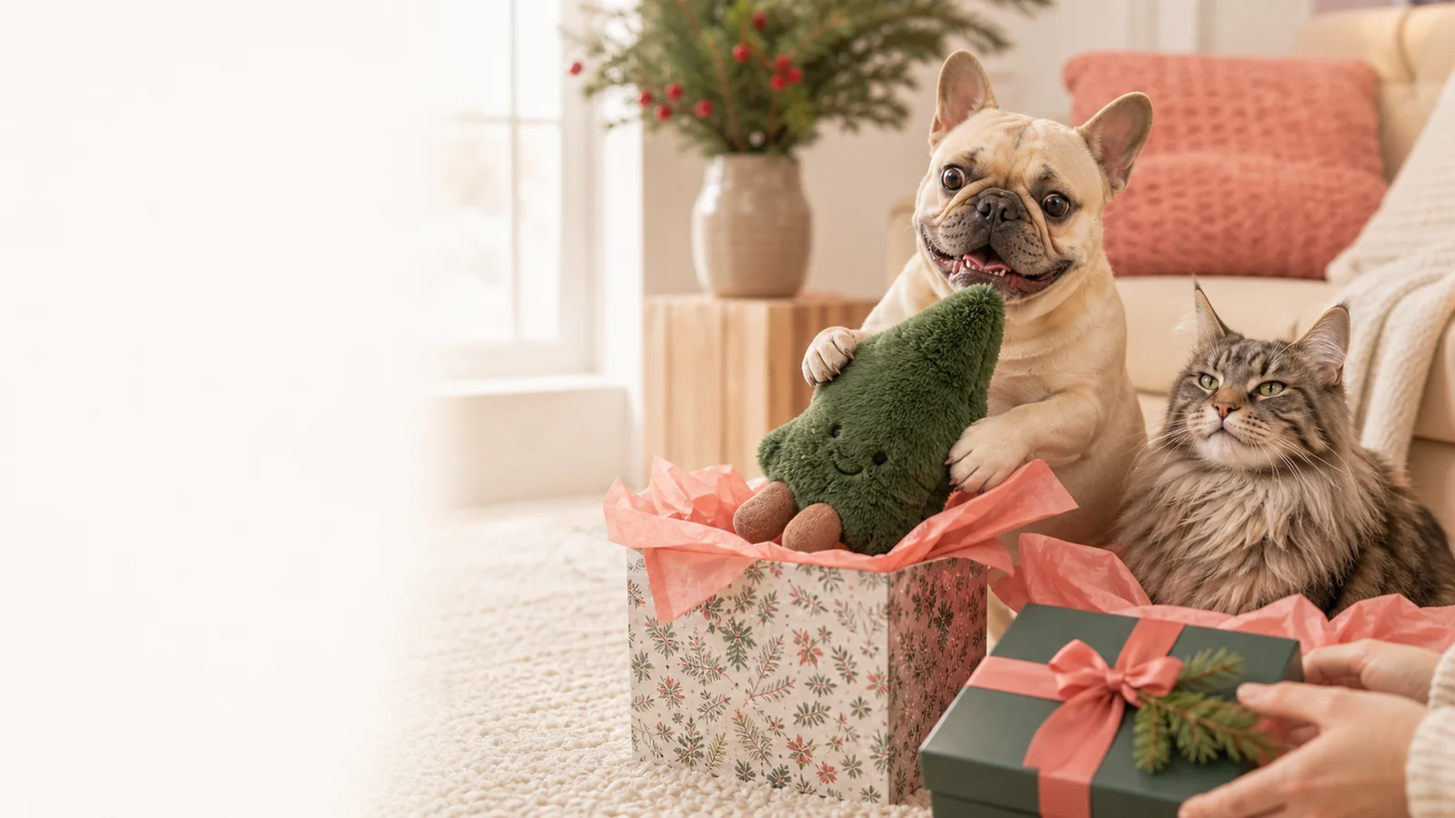 A pet and owner opening a holiday gift together