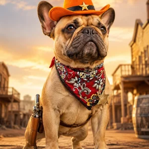 French bulldog wearing an orange western cowboy hat and paisley bandana set