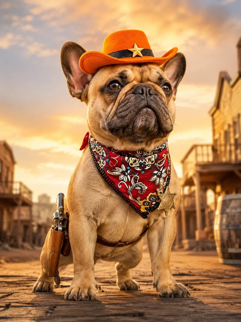 French bulldog wearing an orange western cowboy hat and paisley bandana set