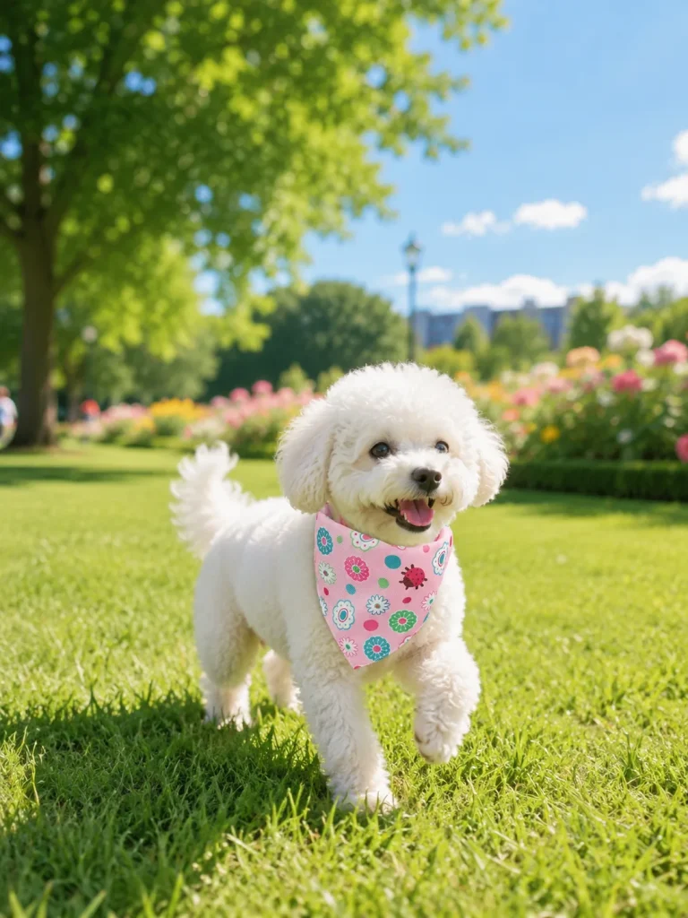 Small white dog wearing a pink floral ladybug bandana collar outdoors