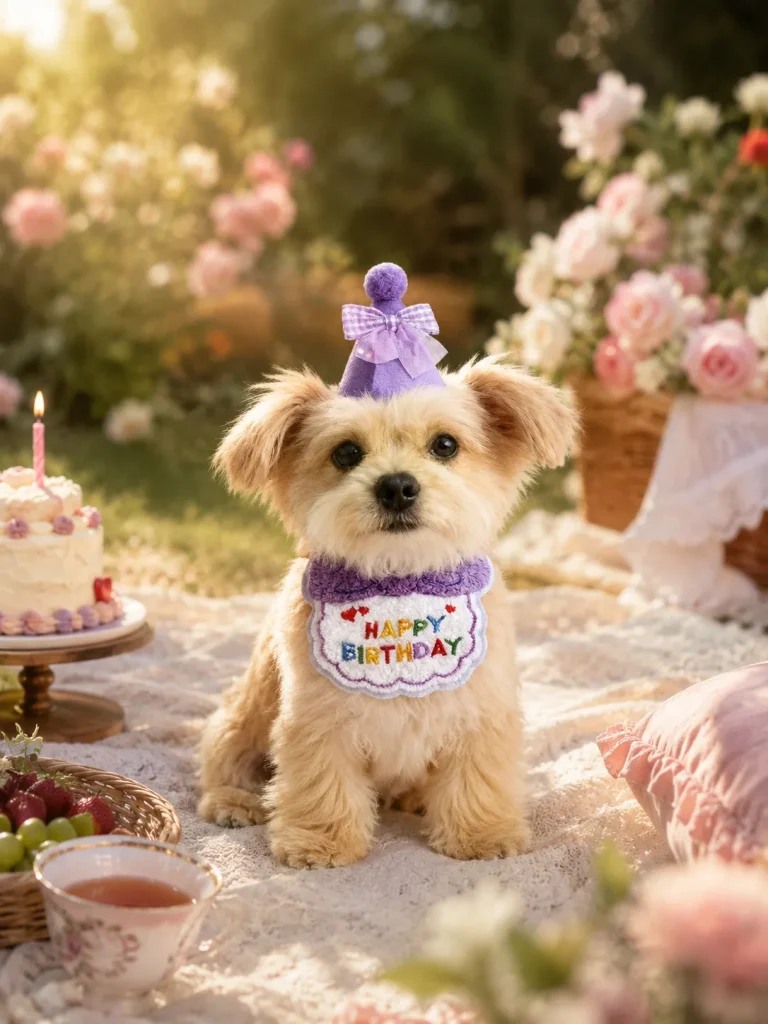 Small dog wearing a purple Happy Birthday pet bib with a bow at a garden party