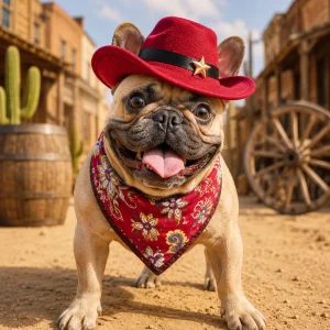 French bulldog wearing a red western cowboy hat and paisley bandana set