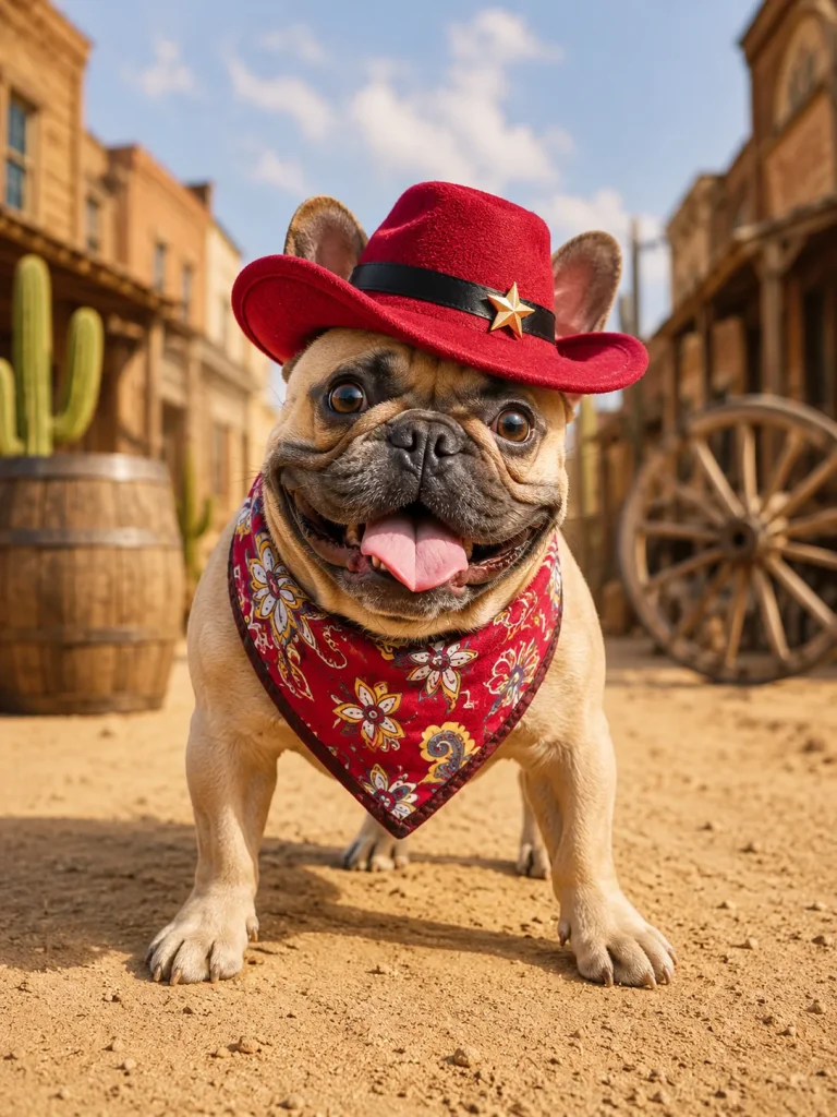 French bulldog wearing a red western cowboy hat and paisley bandana set