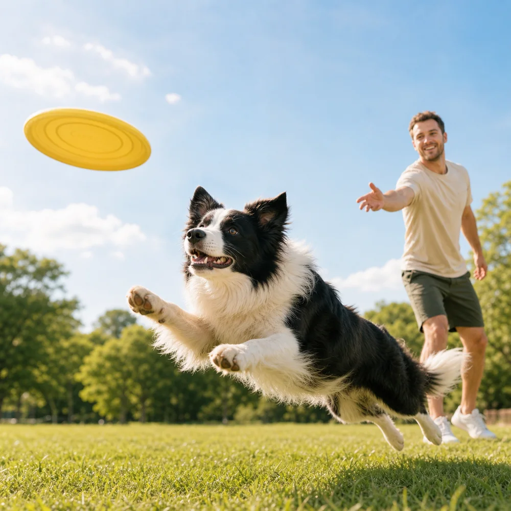 Pets playing together with colorful toys